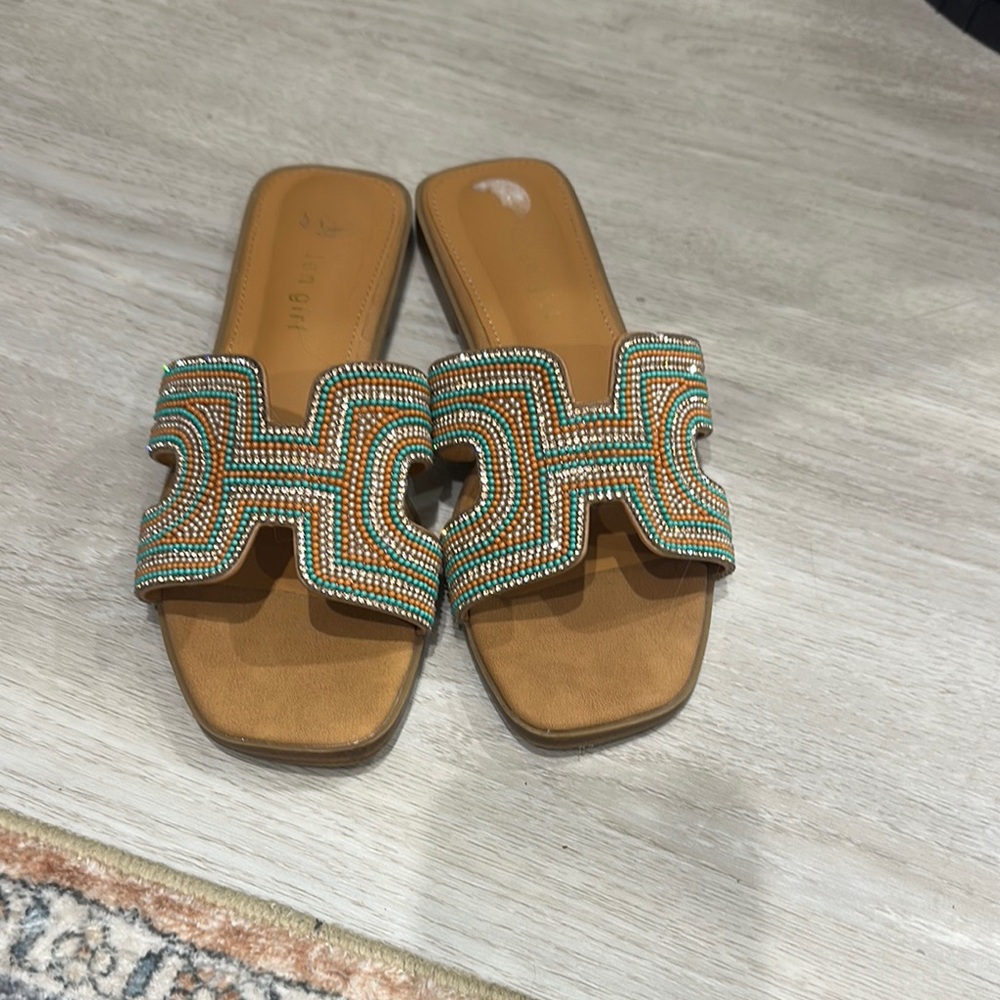 Beaded Tan and Green Women's Slide Sandals